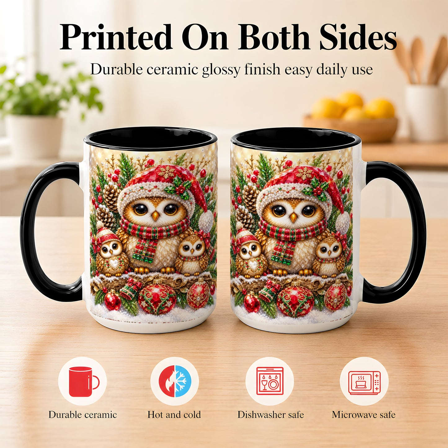 #pl[15oz|Black] Owl Family Coffee Mug, Christmas Owl Mug, Ceramic Cup