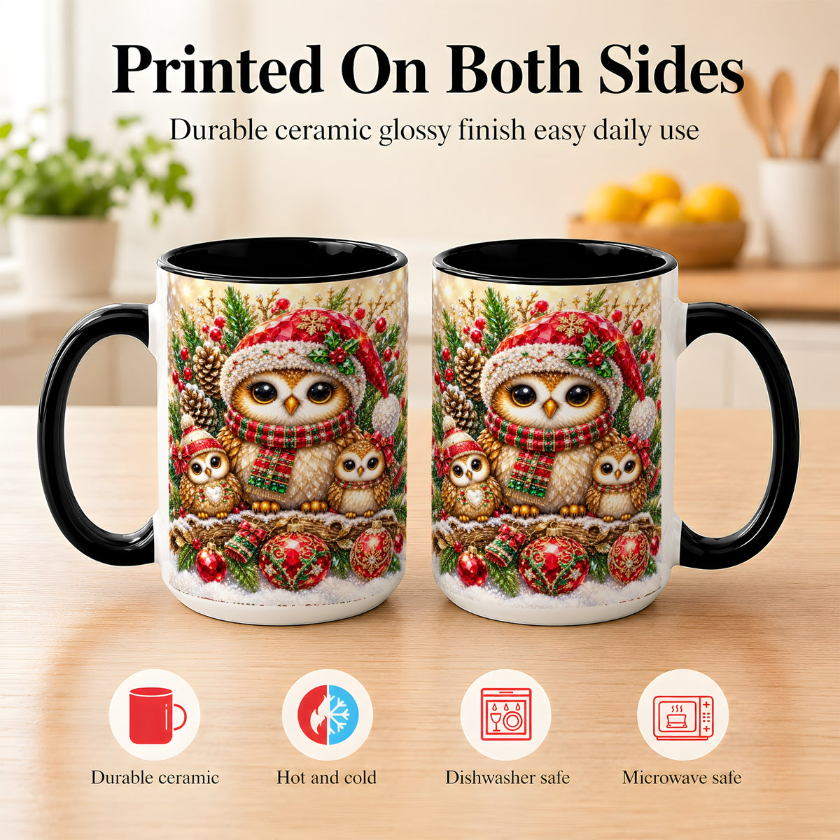 #pl[15oz|Black] Owl Family Coffee Mug, Christmas Owl Mug, Ceramic Cup