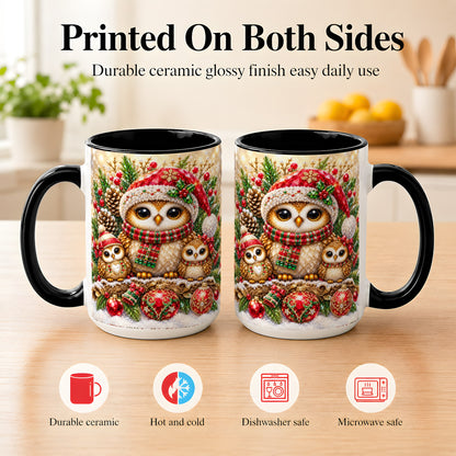 #pl[15oz|Black] Owl Family Coffee Mug, Christmas Owl Mug, Ceramic Cup