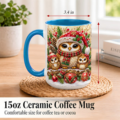 #pl[15oz|Blue] Owl Family Coffee Mug, Christmas Owl Mug, Ceramic Cup