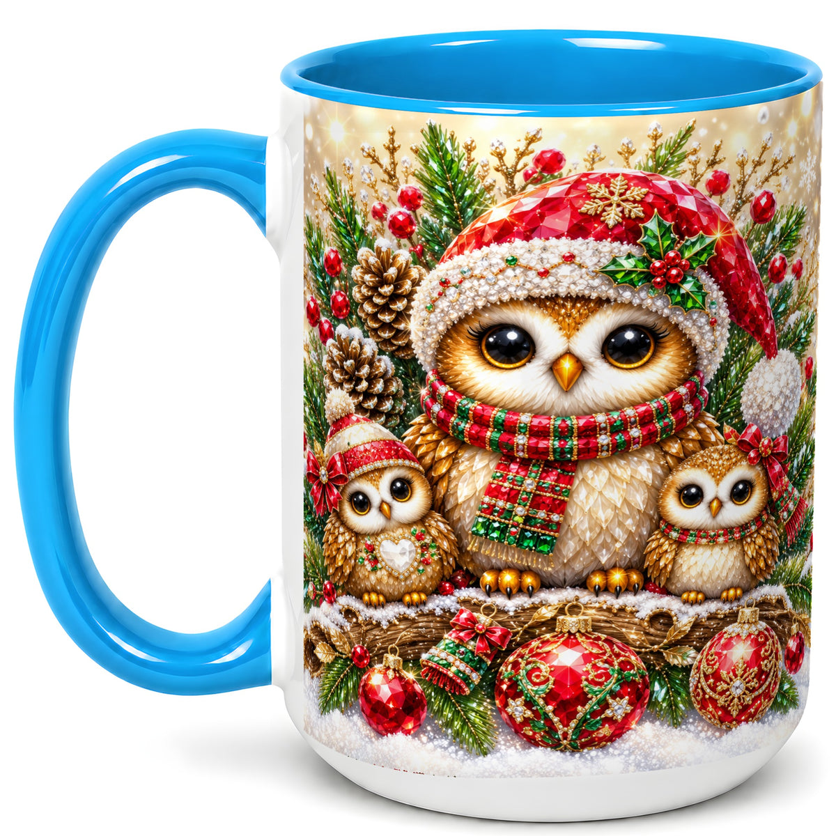 #pl[15oz|Blue] Owl Family Coffee Mug, Christmas Owl Mug, Ceramic Cup