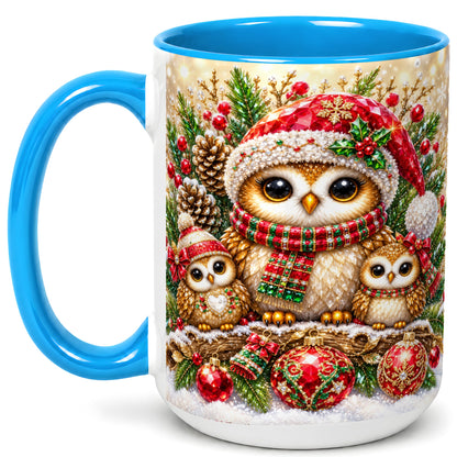 #pl[15oz|Blue] Owl Family Coffee Mug, Christmas Owl Mug, Ceramic Cup