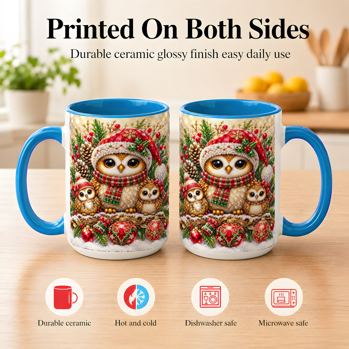 #pl[15oz|Blue] Owl Family Coffee Mug, Christmas Owl Mug, Ceramic Cup