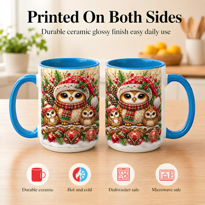 #pl[15oz|Blue] Owl Family Coffee Mug, Christmas Owl Mug, Ceramic Cup