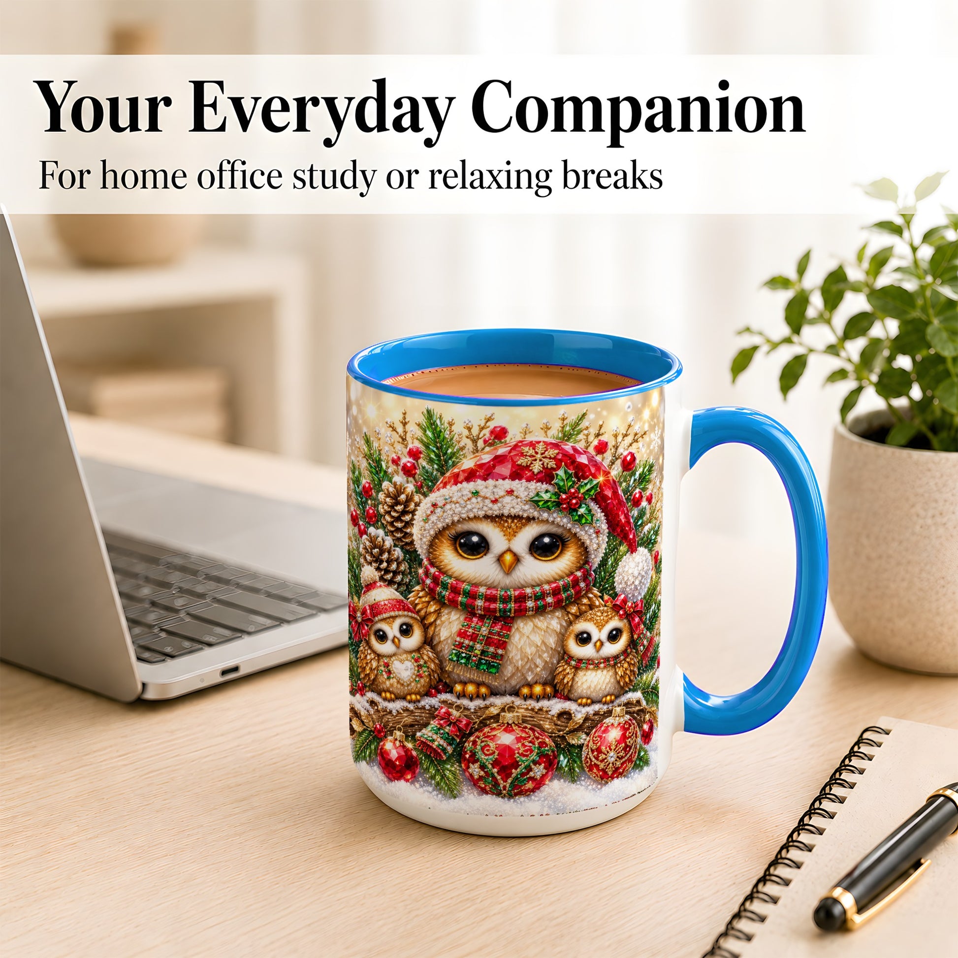 #pl[15oz|Blue] Owl Family Coffee Mug, Christmas Owl Mug, Ceramic Cup