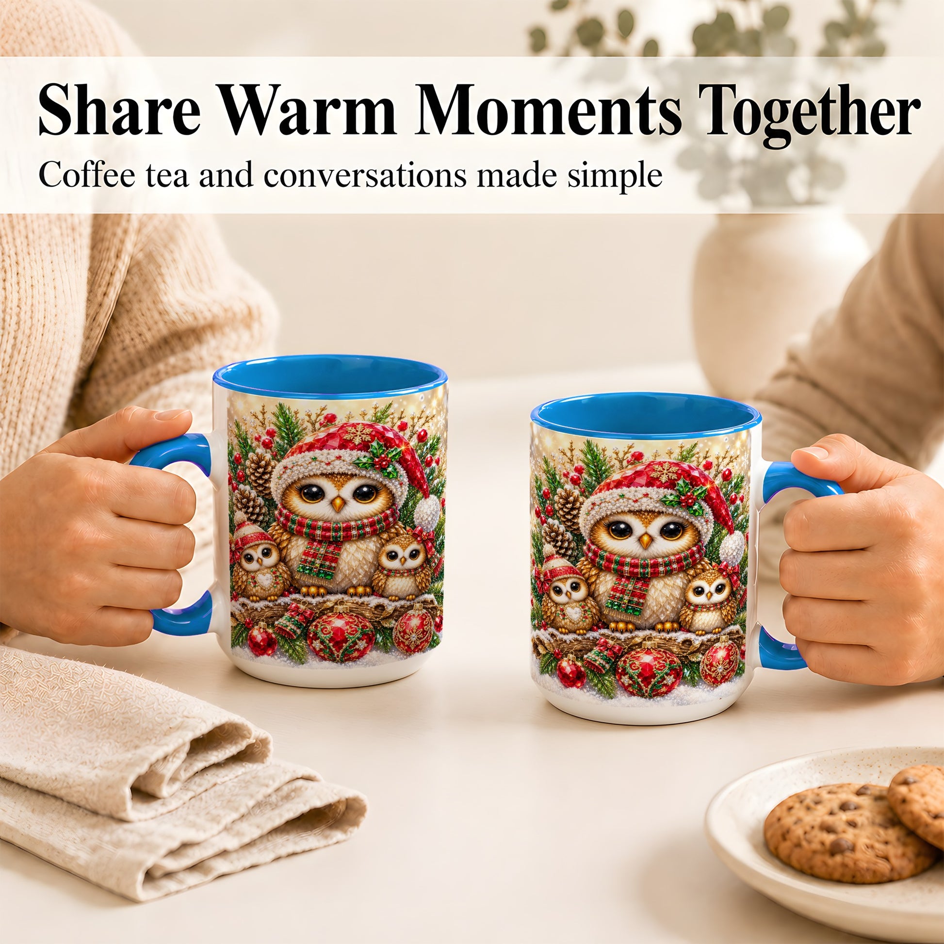 #pl[15oz|Blue] Owl Family Coffee Mug, Christmas Owl Mug, Ceramic Cup