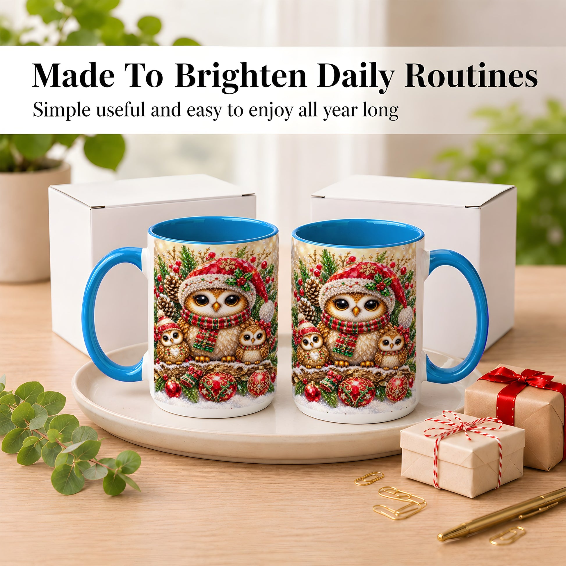 #pl[15oz|Blue] Owl Family Coffee Mug, Christmas Owl Mug, Ceramic Cup