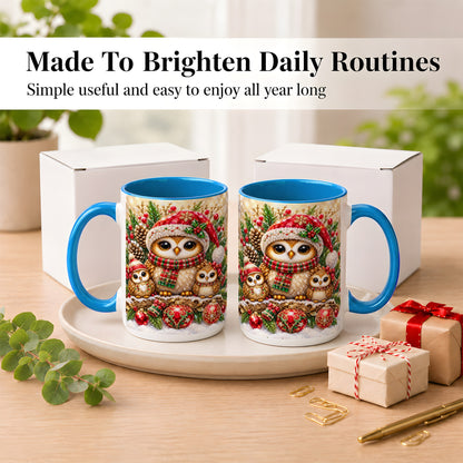 #pl[15oz|Blue] Owl Family Coffee Mug, Christmas Owl Mug, Ceramic Cup