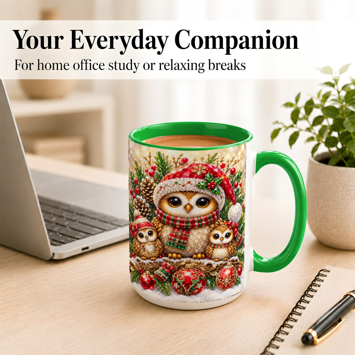 #pl[15oz|Green] Owl Family Coffee Mug, Christmas Owl Mug, Ceramic Cup