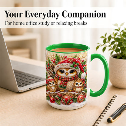 #pl[15oz|Green] Owl Family Coffee Mug, Christmas Owl Mug, Ceramic Cup