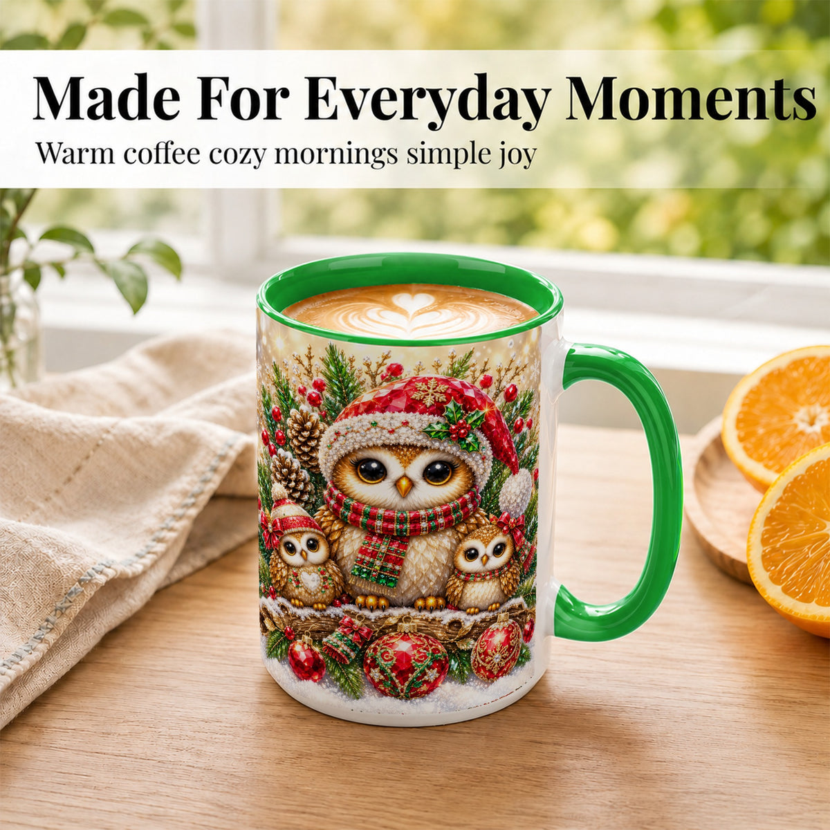 #pl[15oz|Green] Owl Family Coffee Mug, Christmas Owl Mug, Ceramic Cup