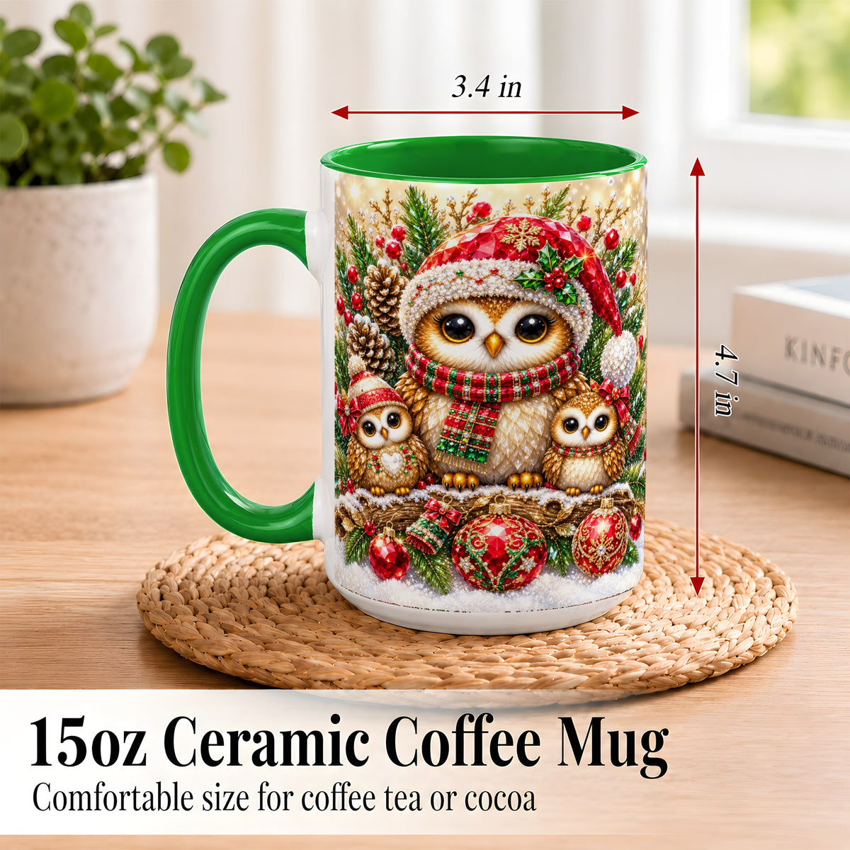 #pl[15oz|Green] Owl Family Coffee Mug, Christmas Owl Mug, Ceramic Cup