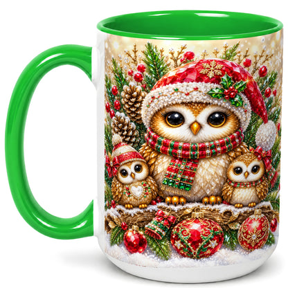 #pl[15oz|Green] Owl Family Coffee Mug, Christmas Owl Mug, Ceramic Cup