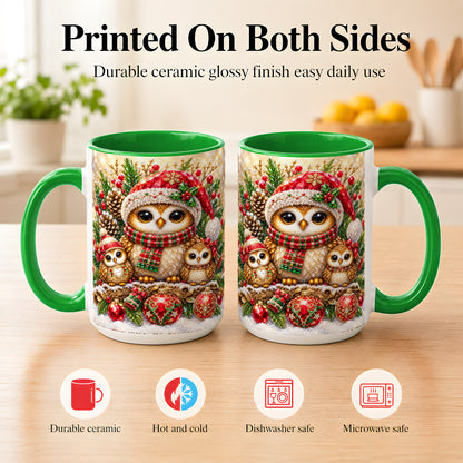 #pl[15oz|Green] Owl Family Coffee Mug, Christmas Owl Mug, Ceramic Cup