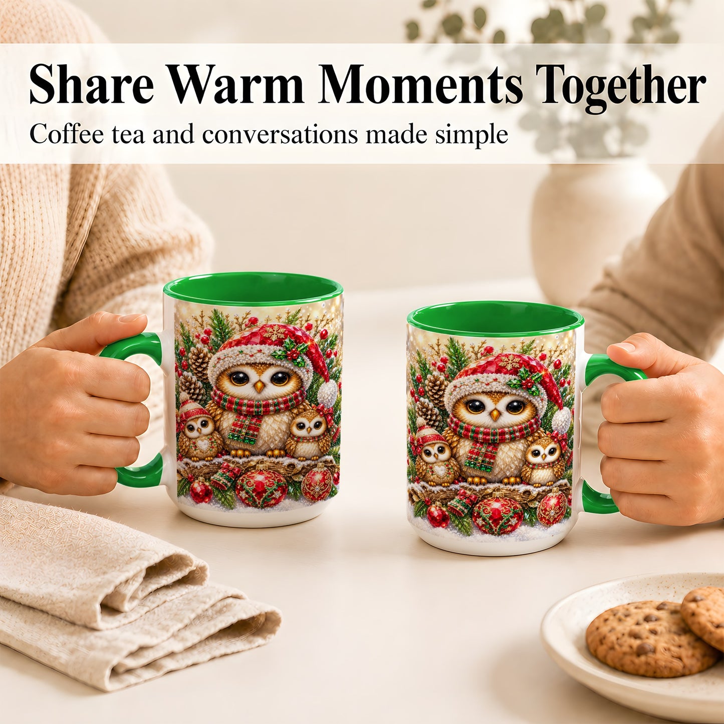 #pl[15oz|Green] Owl Family Coffee Mug, Christmas Owl Mug, Ceramic Cup