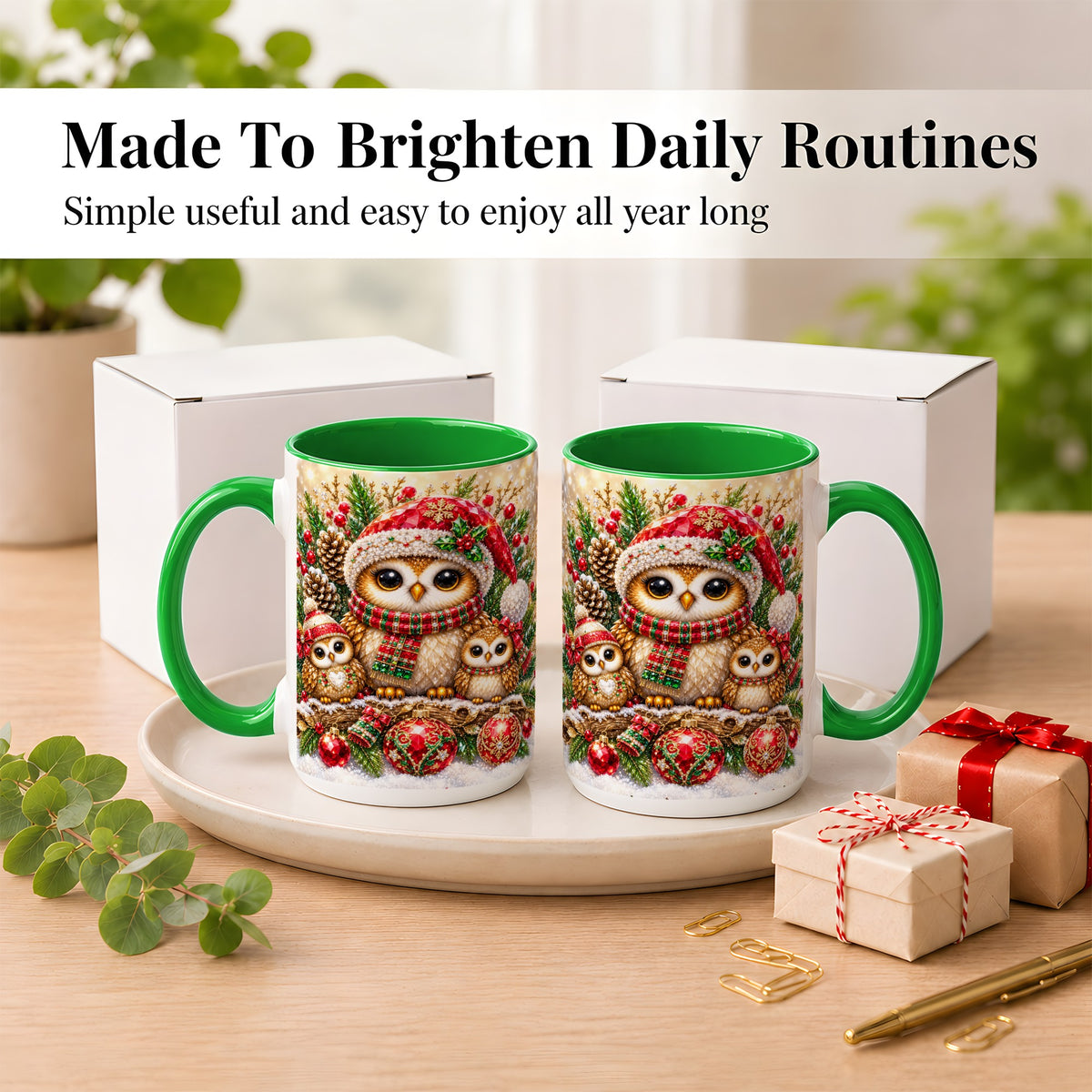 #pl[15oz|Green] Owl Family Coffee Mug, Christmas Owl Mug, Ceramic Cup