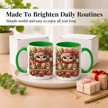 #pl[15oz|Green] Owl Family Coffee Mug, Christmas Owl Mug, Ceramic Cup