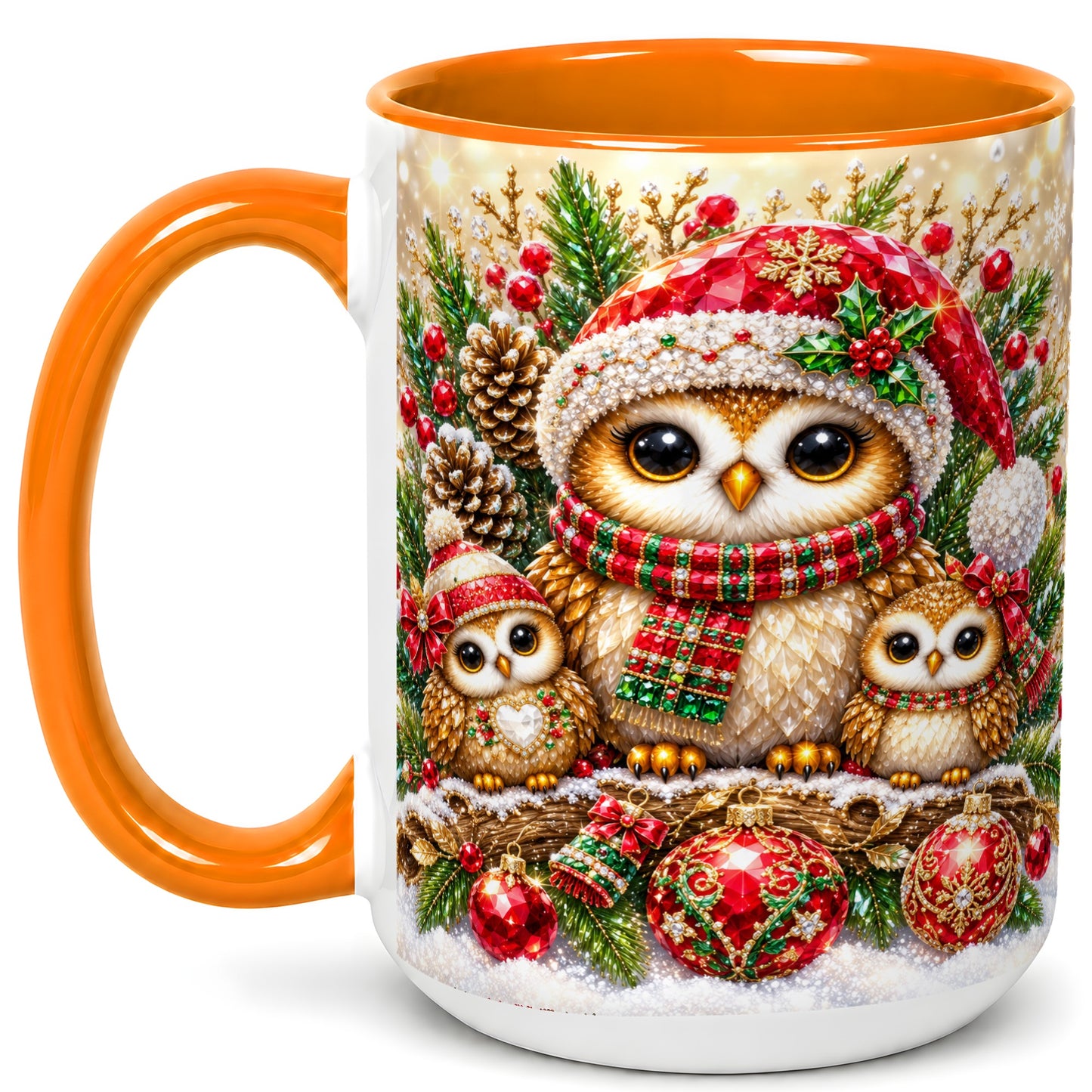 #pl[15oz|Orange] Owl Family Coffee Mug, Christmas Owl Mug, Ceramic Cup