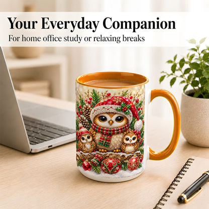 #pl[15oz|Orange] Owl Family Coffee Mug, Christmas Owl Mug, Ceramic Cup