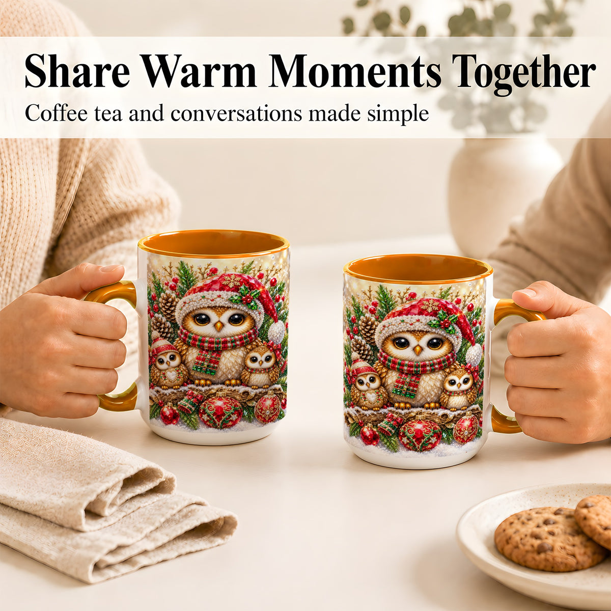 #pl[15oz|Orange] Owl Family Coffee Mug, Christmas Owl Mug, Ceramic Cup