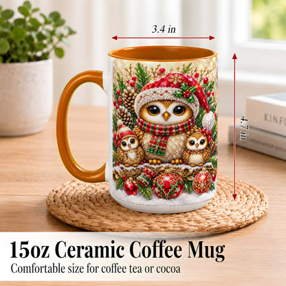 #pl[15oz|Orange] Owl Family Coffee Mug, Christmas Owl Mug, Ceramic Cup