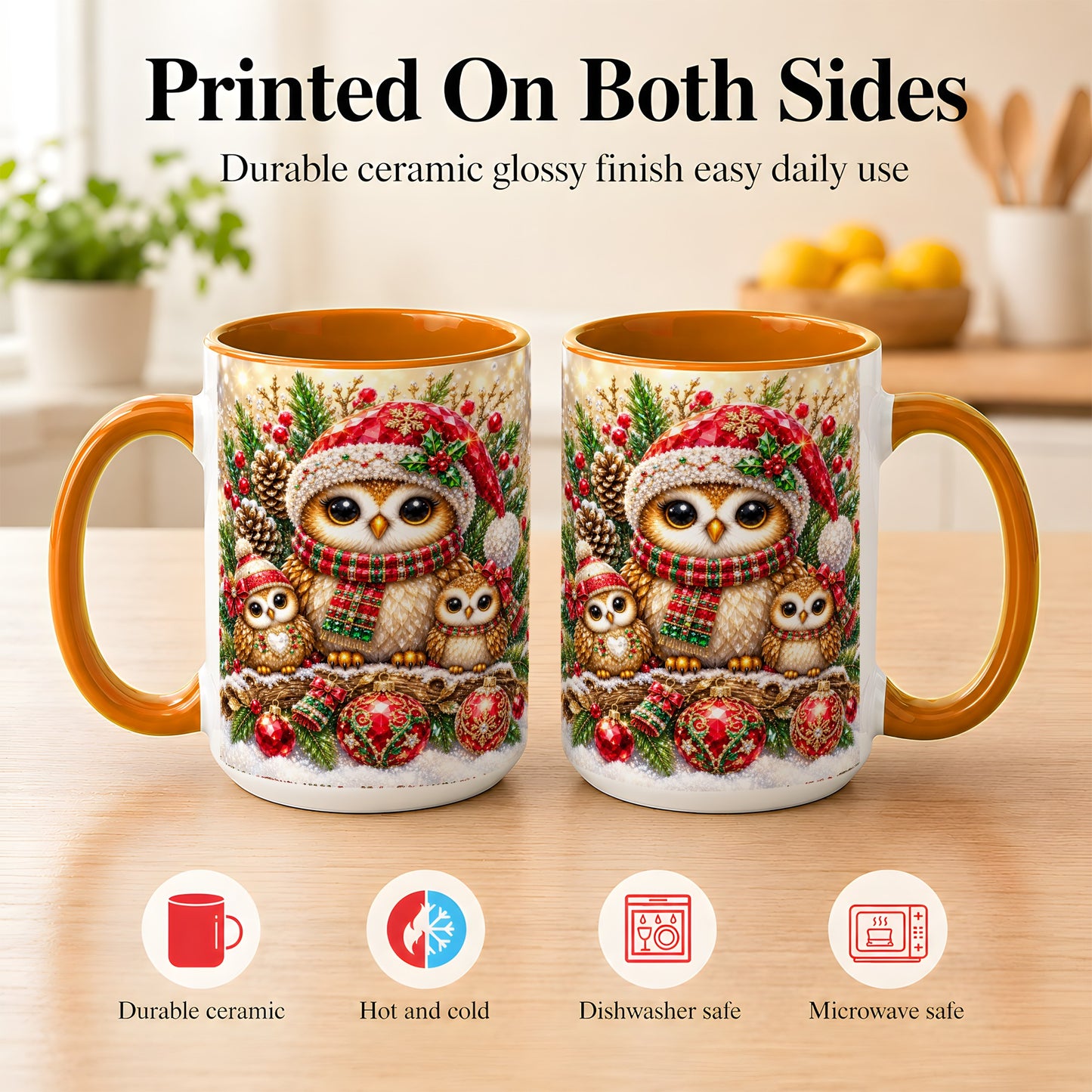 #pl[15oz|Orange] Owl Family Coffee Mug, Christmas Owl Mug, Ceramic Cup