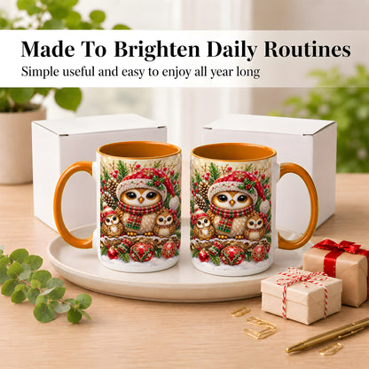 #pl[15oz|Orange] Owl Family Coffee Mug, Christmas Owl Mug, Ceramic Cup