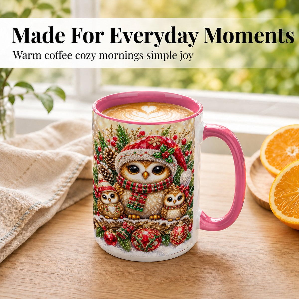#pl[15oz|Pink] Owl Family Coffee Mug, Christmas Owl Mug, Ceramic Cup