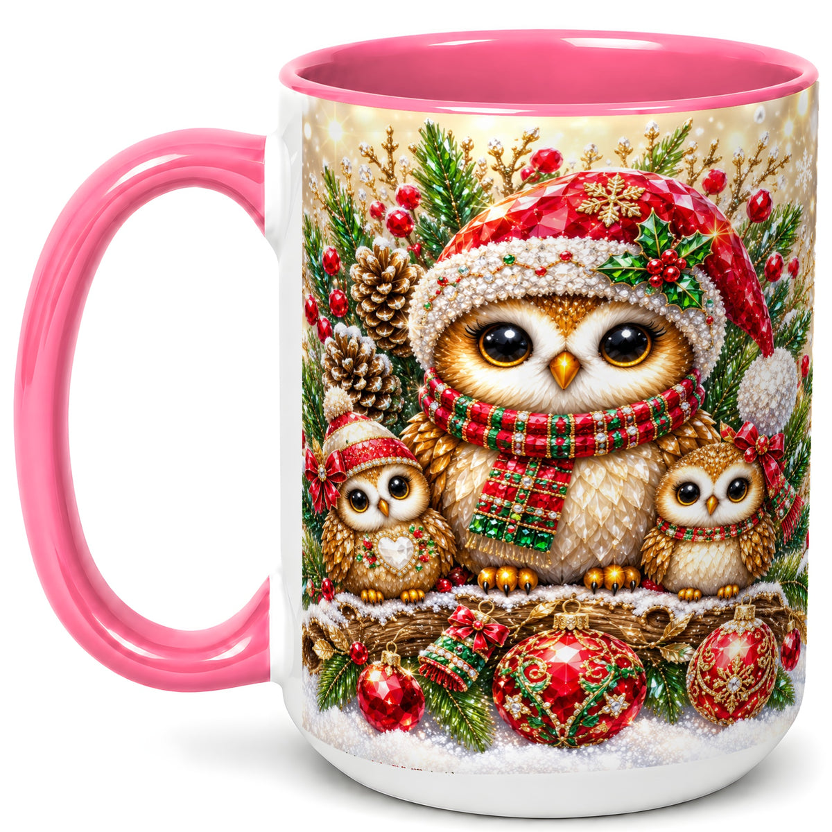 #pl[15oz|Pink] Owl Family Coffee Mug, Christmas Owl Mug, Ceramic Cup