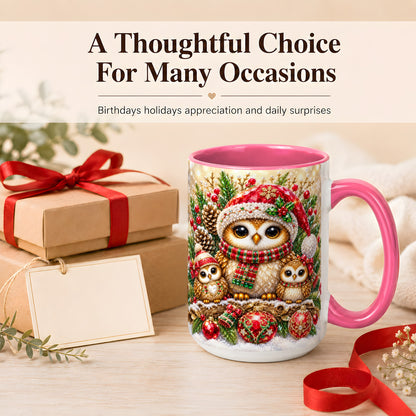 #pl[15oz|Pink] Owl Family Coffee Mug, Christmas Owl Mug, Ceramic Cup