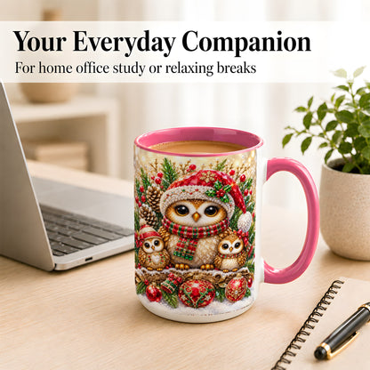 #pl[15oz|Pink] Owl Family Coffee Mug, Christmas Owl Mug, Ceramic Cup