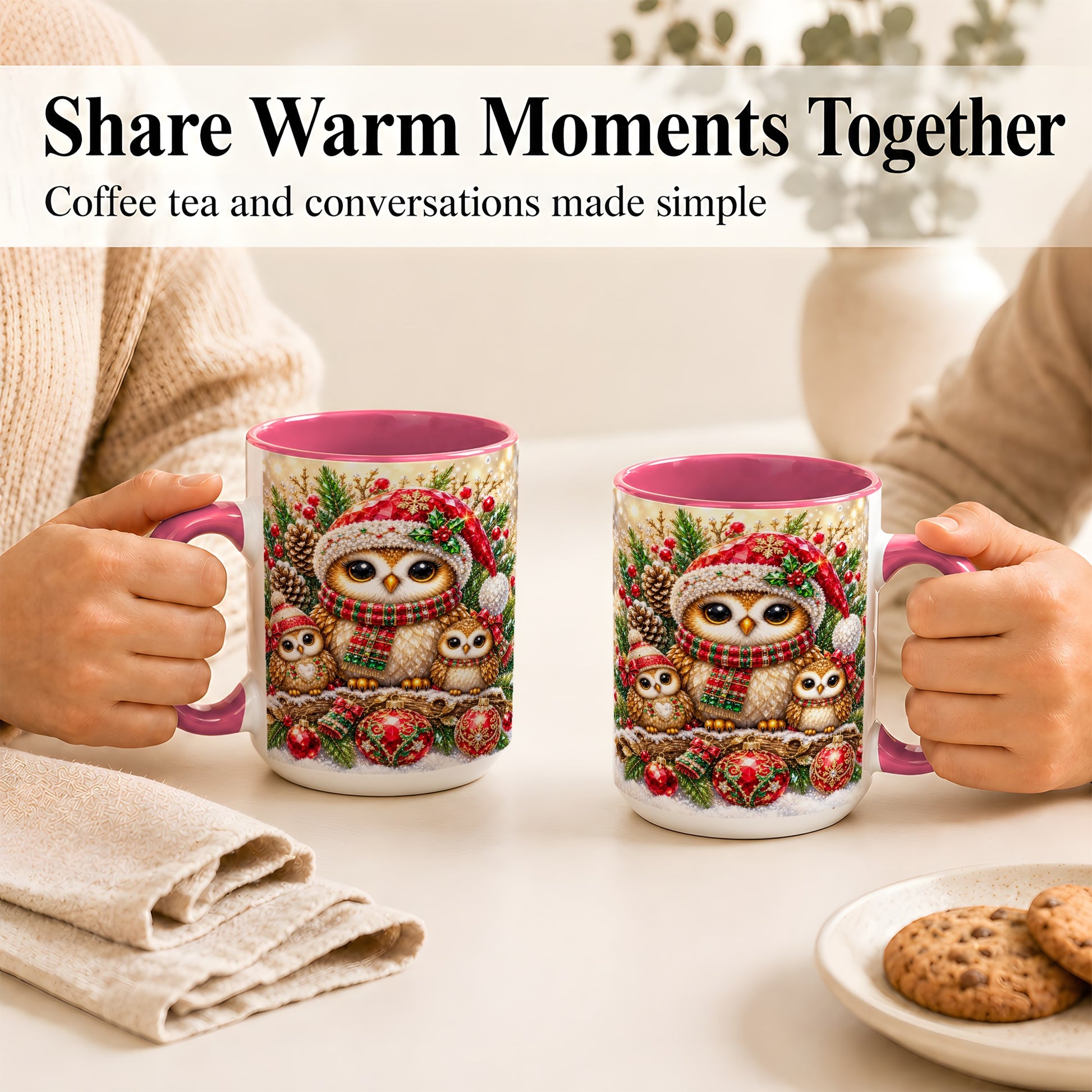 #pl[15oz|Pink] Owl Family Coffee Mug, Christmas Owl Mug, Ceramic Cup