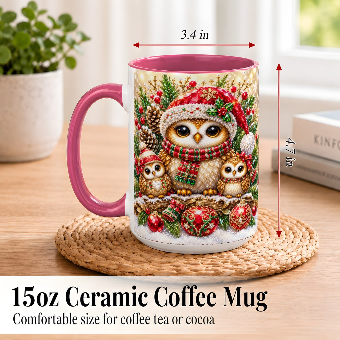 #pl[15oz|Pink] Owl Family Coffee Mug, Christmas Owl Mug, Ceramic Cup