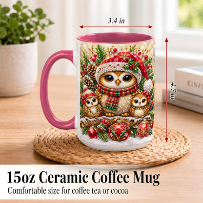 #pl[15oz|Pink] Owl Family Coffee Mug, Christmas Owl Mug, Ceramic Cup