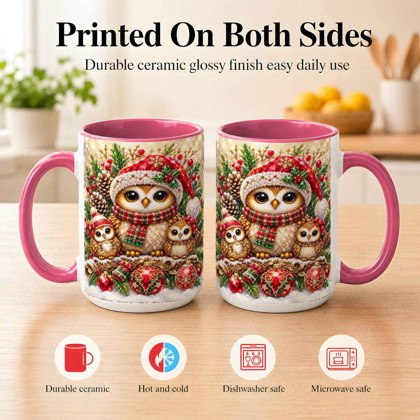 #pl[15oz|Pink] Owl Family Coffee Mug, Christmas Owl Mug, Ceramic Cup