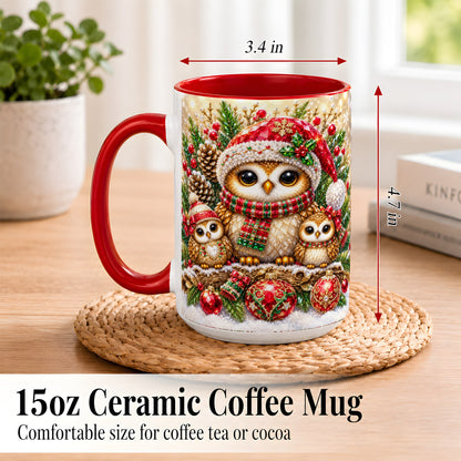 #pl[15oz|Red] Owl Family Coffee Mug, Christmas Owl Mug, Ceramic Cup