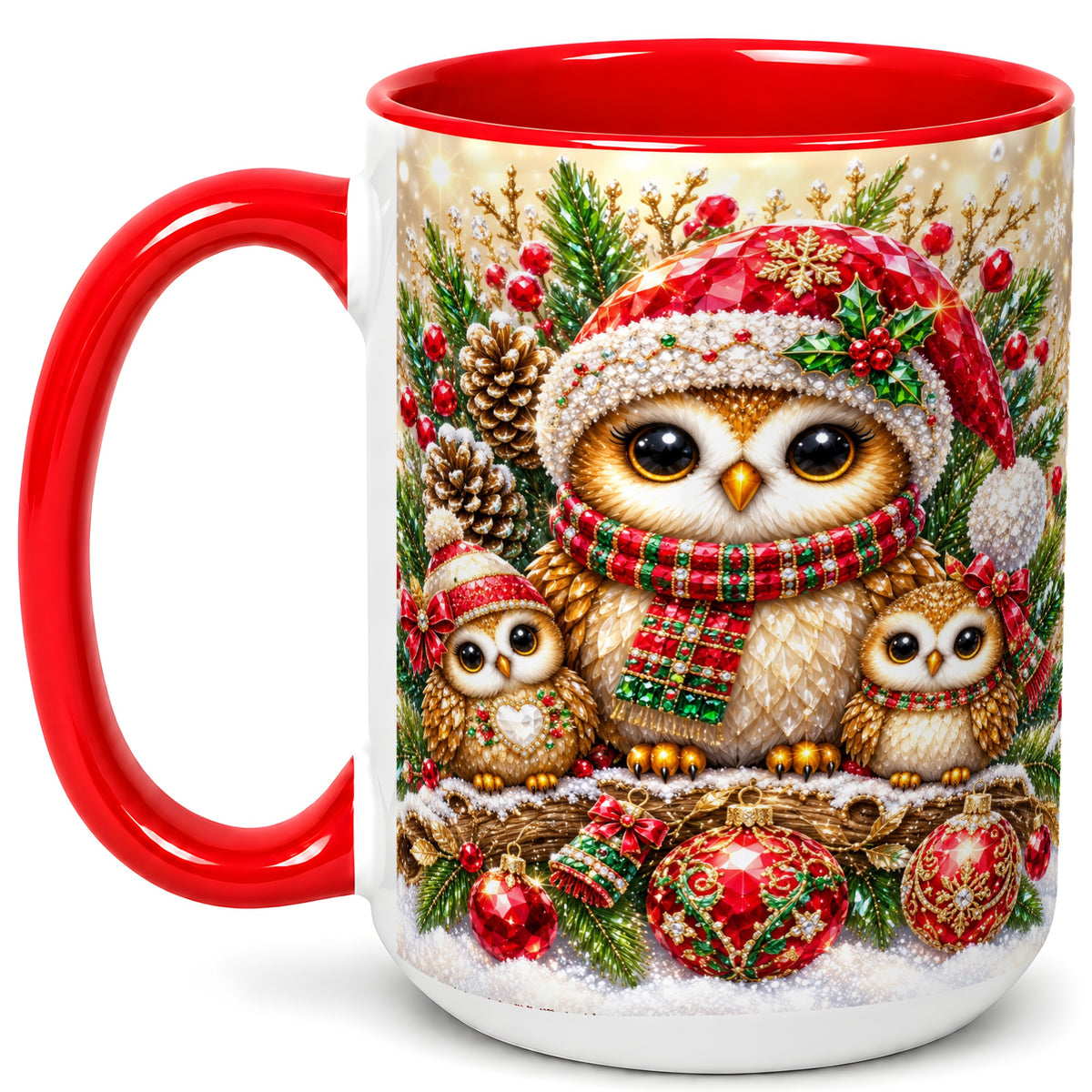 #pl[15oz|Red] Owl Family Coffee Mug, Christmas Owl Mug, Ceramic Cup