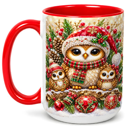#pl[15oz|Red] Owl Family Coffee Mug, Christmas Owl Mug, Ceramic Cup