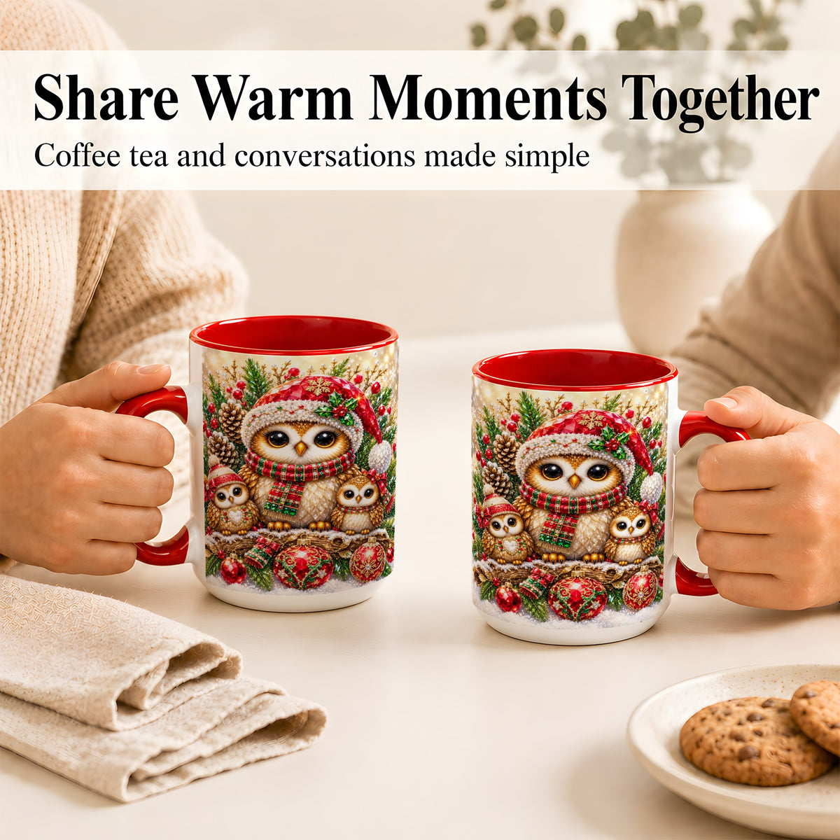 #pl[15oz|Red] Owl Family Coffee Mug, Christmas Owl Mug, Ceramic Cup