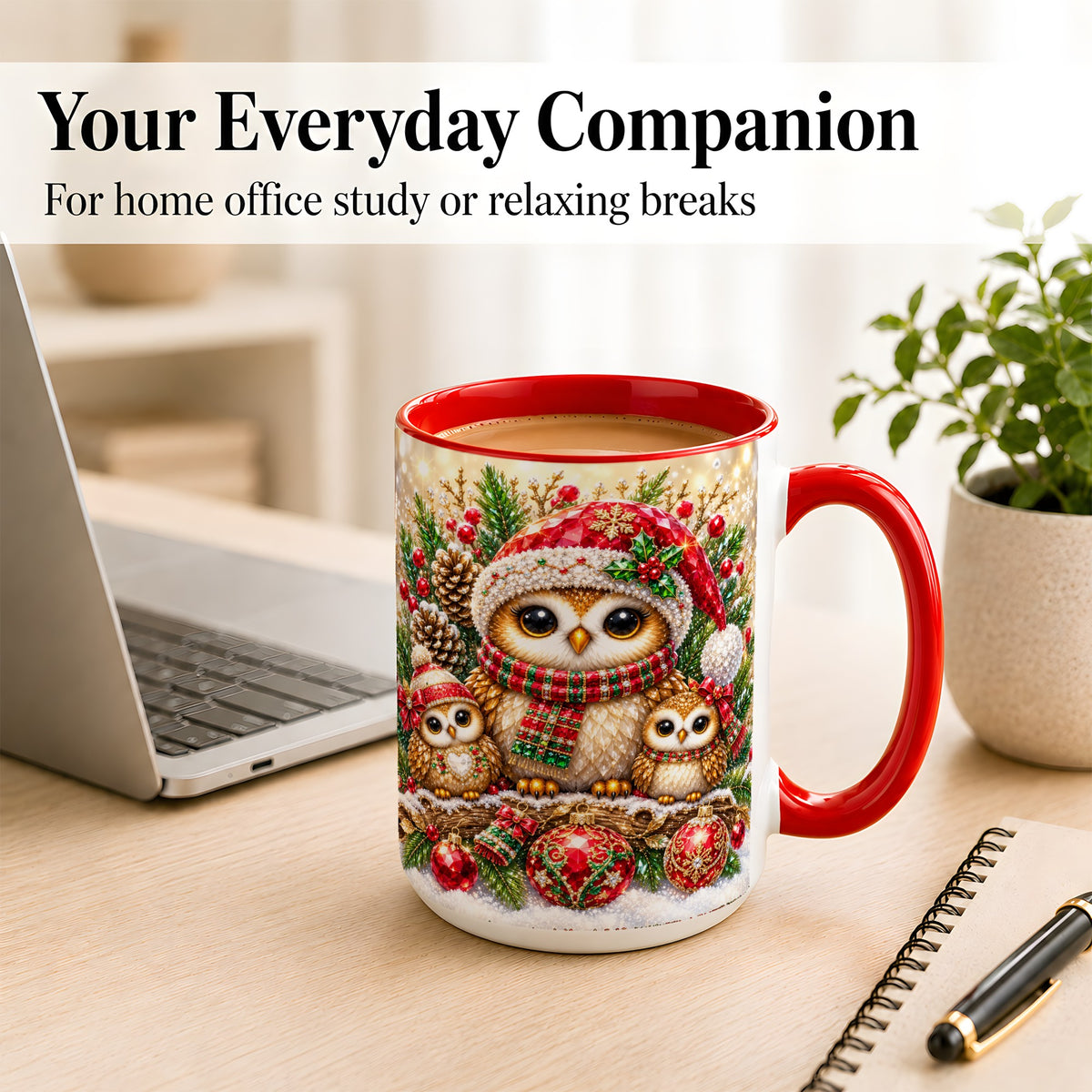 #pl[15oz|Red] Owl Family Coffee Mug, Christmas Owl Mug, Ceramic Cup