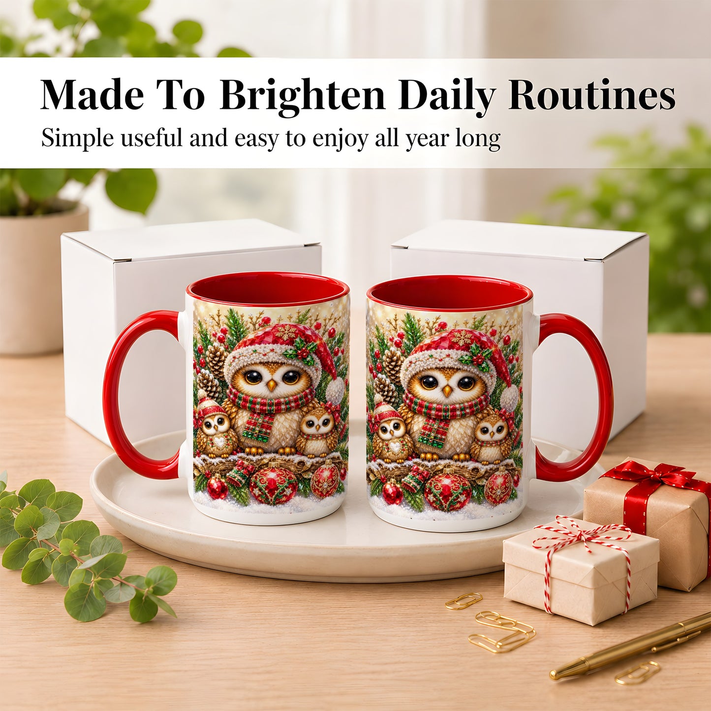 #pl[15oz|Red] Owl Family Coffee Mug, Christmas Owl Mug, Ceramic Cup