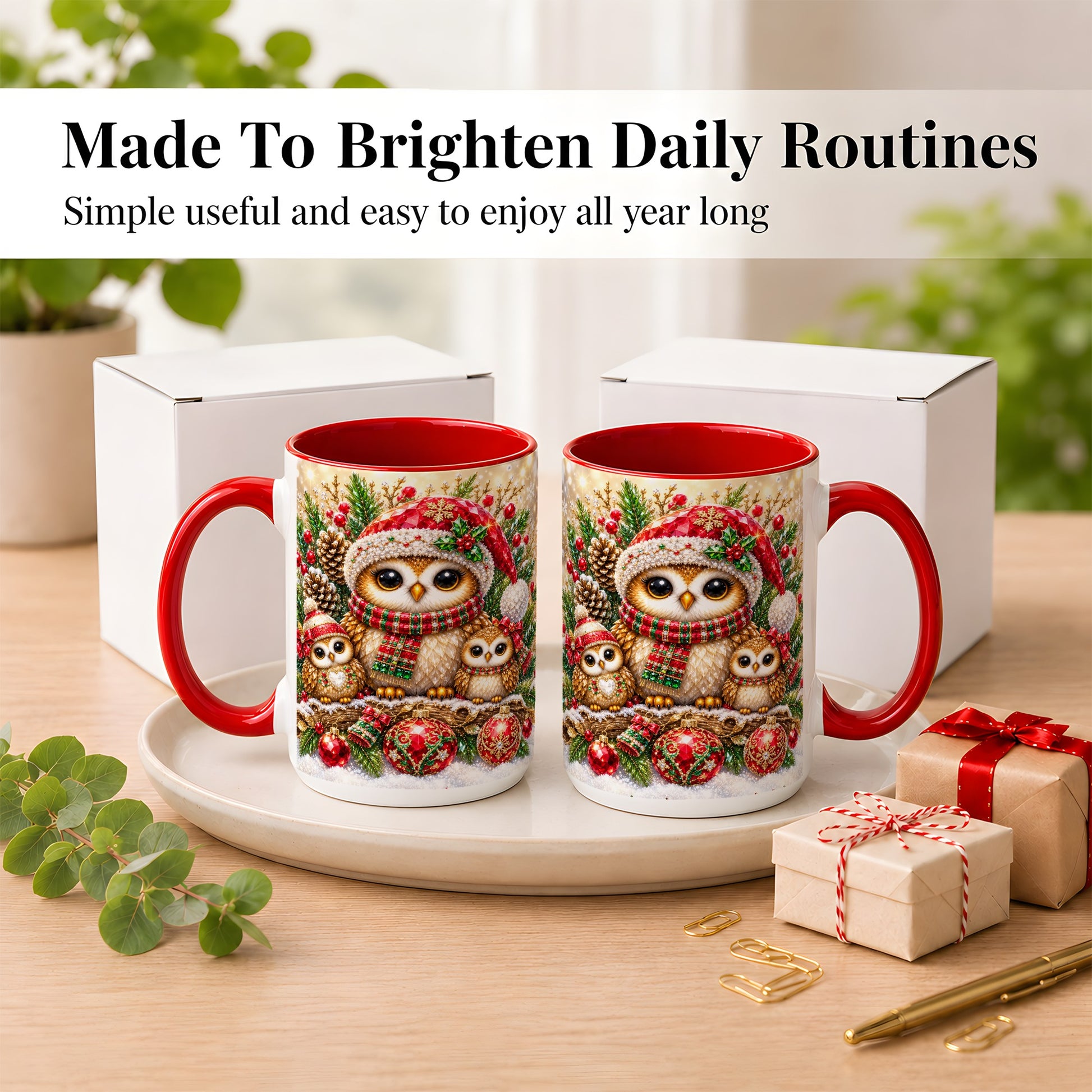 #pl[15oz|Red] Owl Family Coffee Mug, Christmas Owl Mug, Ceramic Cup