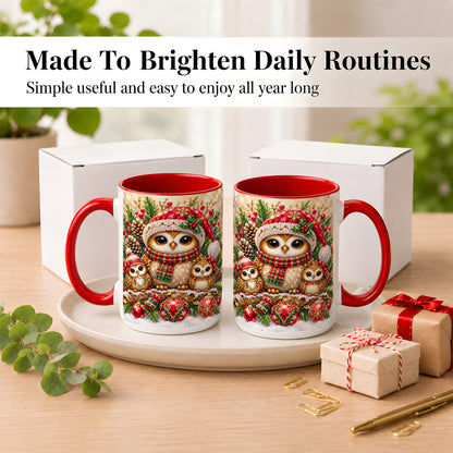 #pl[15oz|Red] Owl Family Coffee Mug, Christmas Owl Mug, Ceramic Cup