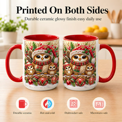 #pl[15oz|Red] Owl Family Coffee Mug, Christmas Owl Mug, Ceramic Cup