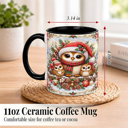 #pl[11oz|Black] Vintage Owl Family Coffee Mug, Christmas Owl Mug, Ceramic Cup