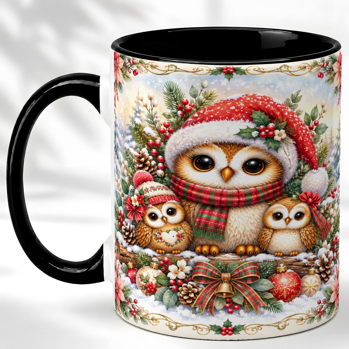 #pl[11oz|Black] Vintage Owl Family Coffee Mug, Christmas Owl Mug, Ceramic Cup