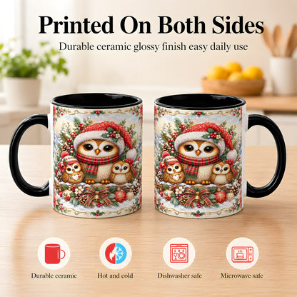 #pl[11oz|Black] Vintage Owl Family Coffee Mug, Christmas Owl Mug, Ceramic Cup
