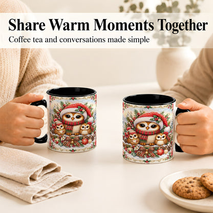 #pl[11oz|Black] Vintage Owl Family Coffee Mug, Christmas Owl Mug, Ceramic Cup