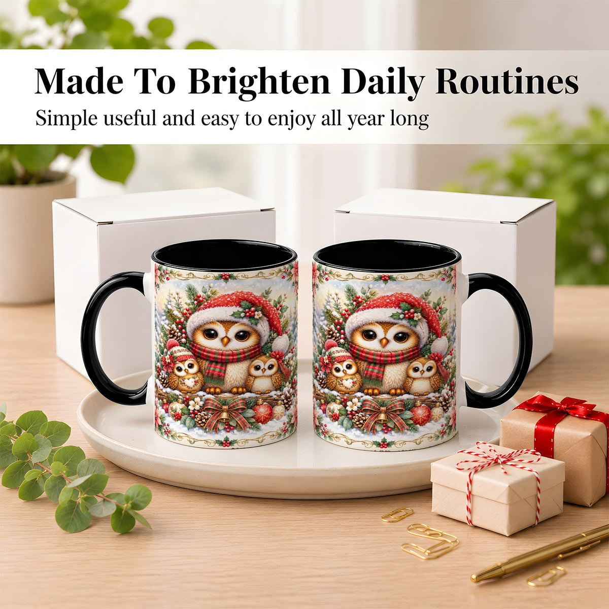 #pl[11oz|Black] Vintage Owl Family Coffee Mug, Christmas Owl Mug, Ceramic Cup