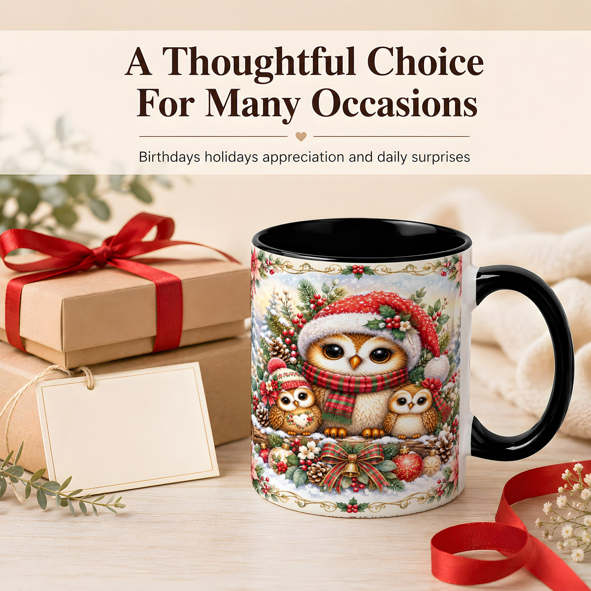 #pl[11oz|Black] Vintage Owl Family Coffee Mug, Christmas Owl Mug, Ceramic Cup